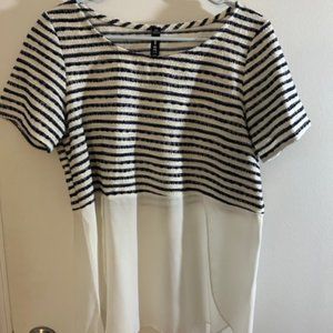 Design Lab blouse, striped top with white mesh bottom, size Medium